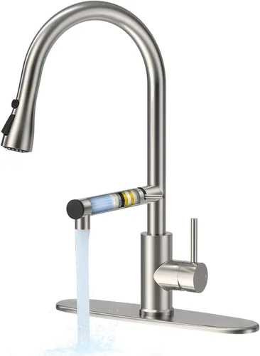 FEELSO Grifos de cocina, grifo de cocina con filtro de agua mejorado con rociador desplegable, acero inoxidable níquel cepillado arco alto grifo de