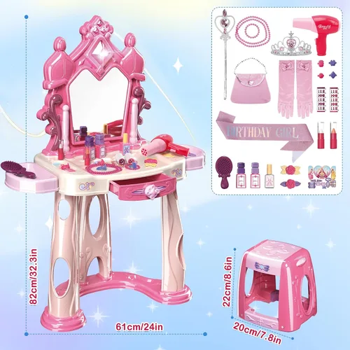 Miniatura 6 de deAO Juego de tocador de maquillaje para bebés con espejo y silla, juguete de tocador para niños con maquillaje de simulación con secador de pelo