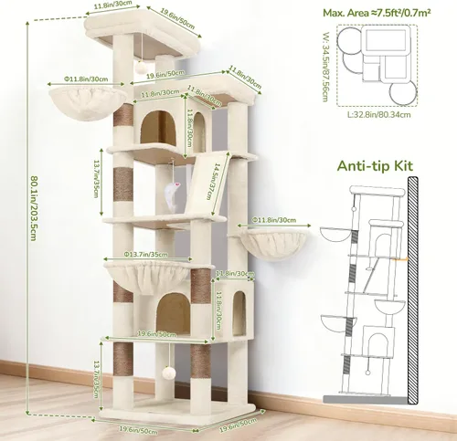 Miniatura 6 de Globlazer Árbol para gatos extra grande, torre de 80 pulgadas XXL de altura, árbol para gatos alto para múltiples gatos de interior, gatos adultos