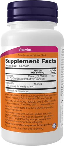 Miniatura 3 de Now Foods Vitamina D-3 y K-2 – 120 Cápsulas vegetales