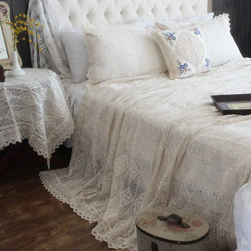 Miniatura 7 de ABREEZE Juego de ropa de cama vintage de algodón con ganchillo, colcha floral de encaje beige con fundas de almohada, 3 piezas, tamaño Queen