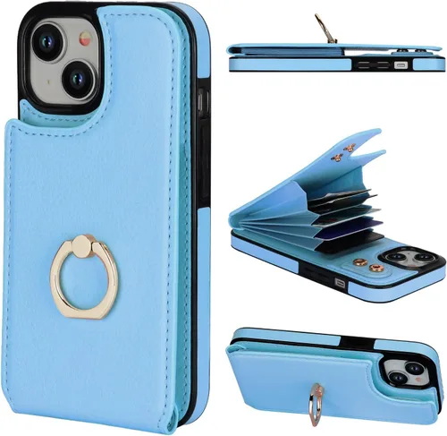 Miniatura 15 de Folosu Compatible con iPhone 15 Funda cartera con tarjetero con rotación de 360°, soporte de anillo de dedo con función atril, bloqueo RFID