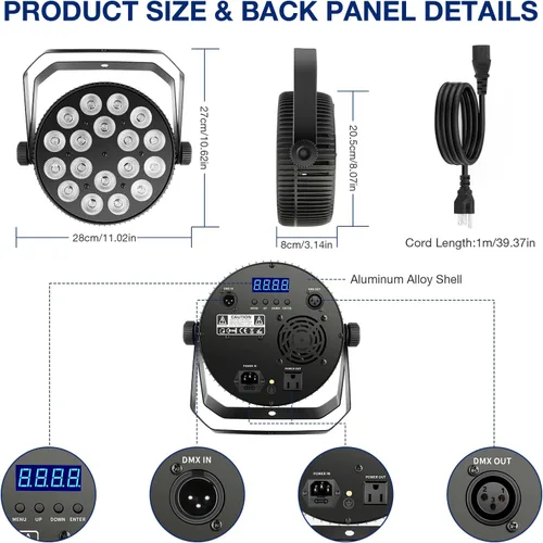 Miniatura 7 de Luz LED para escenario, 18 x 10 W, RGBWA+UV 6 en 1, efecto de lavado/estroboscópico con carcasa de aleación de aluminio por DMX Control Uplighting