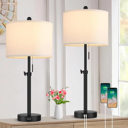 Miniatura 11 de Kondras Table Lamps for Bedroom Set of 2, 23''-30'' Adjustable Height Bedside Lamps with 2 USB Ports, Black Nightstand Lamps with Grey Linen Shade