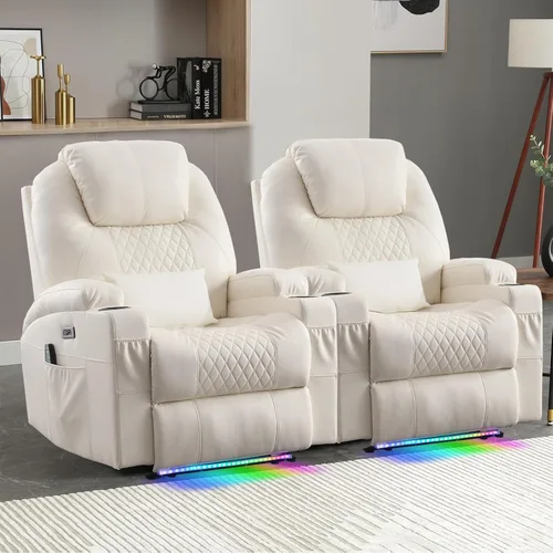 Silla reclinable eléctrica con calor y masaje para adultos, asiento de cine en casa con luces LED, portavasos, bolsillo lateral, puerto USB, sofá