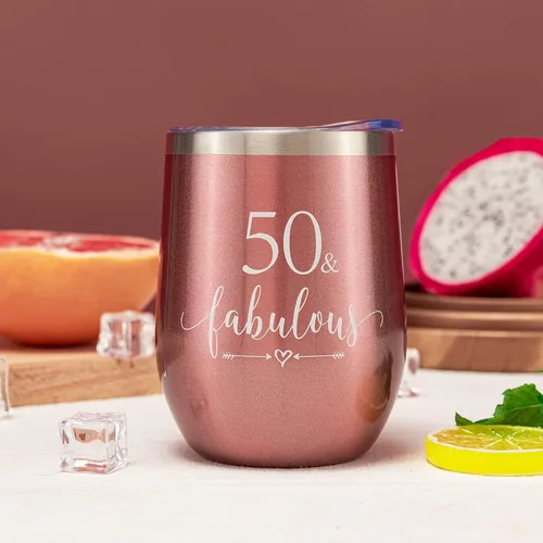Miniatura 6 de Crisky Vaso de vino de oro rosa 50 y fabuloso para mujer, regalo de cumpleaños 50 para mujeres, esposa, mamá, hermana, tía, amigas, compañera