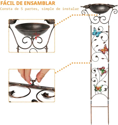 Miniatura 3 de SUNNYPARK Baño para pájaros con enrejado al aire libre, enrejado de hierro antiguo para jardín con mariposas decorativas, cuenco desmontable