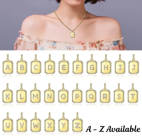 Miniatura 4 de Collares con inicial de oro para mujer, collar con letras para mujeres y niñas, collar rectangular con monograma de letras, chapado en oro de 18