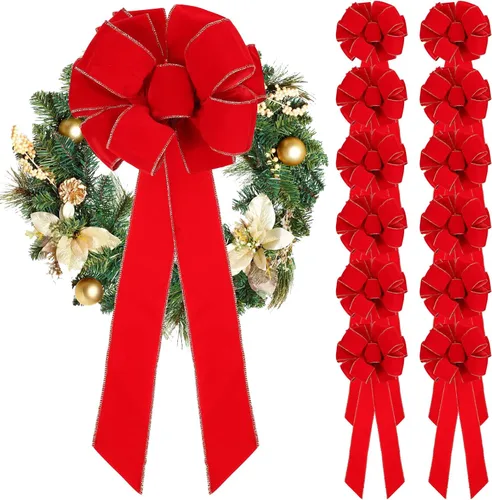 Kigeli Lazo de Navidad grande de 10 x 26 pulgadas, hecho a mano, gran cinta de terciopelo rojo para exteriores, corona de Navidad, adorno para árbol