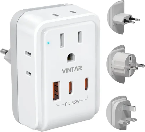 Miniatura 9 de Kit de Adaptador de Viaje Universal, VINTAR PD Adaptador de Corriente Internacional de 35W con 3 Puertos USB (2 USB C) y 4 Salidas de CA, Conectores