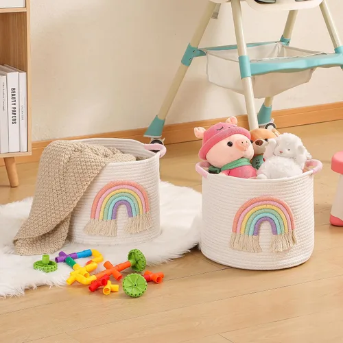 Miniatura 2 de Cestas de almacenamiento de juguetes cesta de almacenamiento de cuerda de algodón tejida con decoración de arco iris para niños, cestas de manta