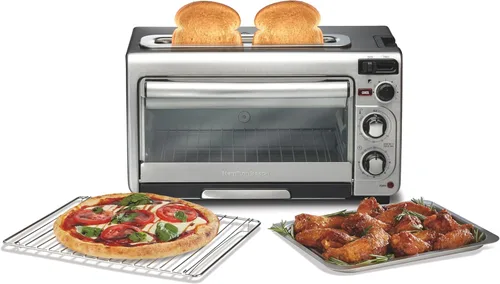 Hamilton Beach Horno tostador de encimera 2 en 1 y tostadora de 2 rebanadas de ranura larga, temporizador de 60 minutos y apagado automático, Acero