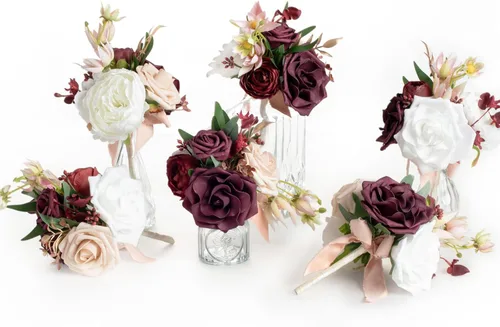 Miniatura 13 de Ling's moment Juego de 6 mini ramos de flores de boda color burdeos y negras para dama de honor, prefabricados, pequeños, florales, granate