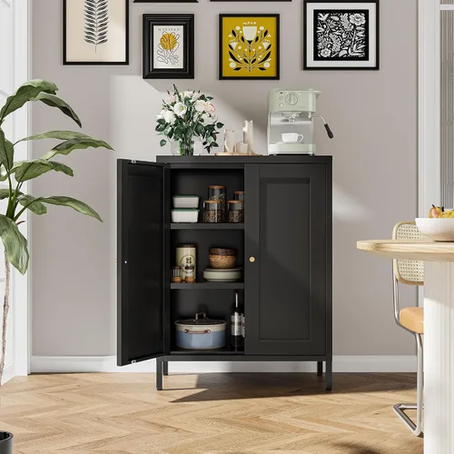 Miniatura 7 de Bevivog Armario de almacenamiento pequeño para baño, armario de metal negro con 2 puertas y 2 estantes ajustables, armarios de piso de metal