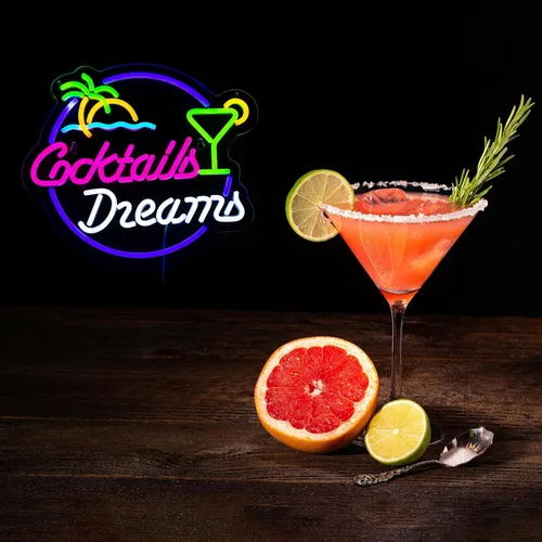 Miniatura 4 de Roouneon Letrero de neón para decoración de pared, cócteles y sueños con luces LED regulables, letrero de neón para barra de cerveza
