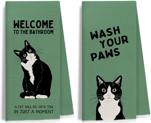 Miniatura 9 de Divertidas toallas de mano de baño con esmoquin rosa, decoración de baño para gato, toallas de mano de gatito blanco y negro para baño, 16 x 24