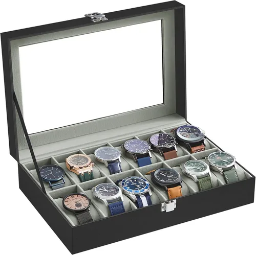 SONGMICS Caja de reloj, caja de 12 ranuras con tapa de vidrio grande, almohadas de reloj extraíbles, regalo para seres queridos, cuero sintético