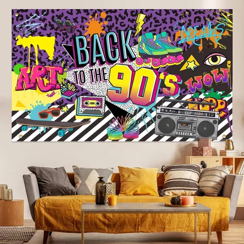 Miniatura 6 de Telón de fondo con temática de los años 90, graffiti de hip hop, fondo de pancarta de fiesta de los 90, 71 x 43.3 pulgadas, decoración de mesa