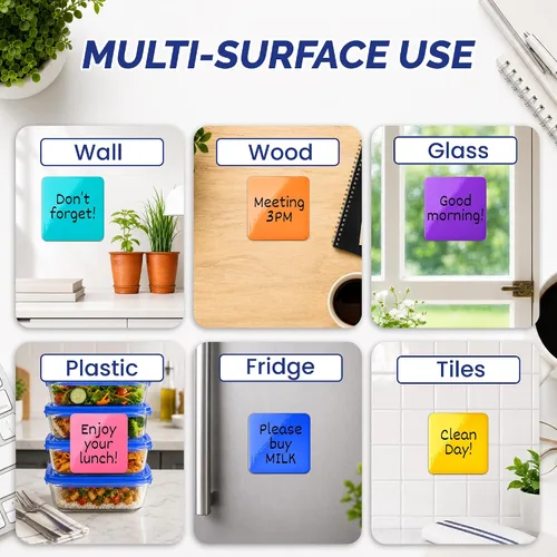 Miniatura 5 de Notas adhesivas de borrado en seco, reutilizables, paquete de 6 (4 x 4 pulgadas), mini calcomanías de pizarra blanca con 2 marcadores magnéticos
