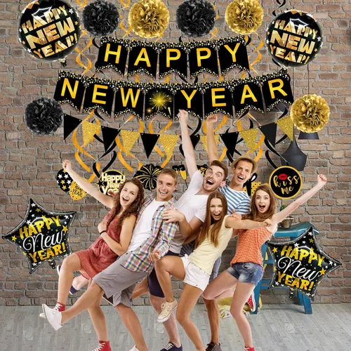Miniatura 7 de Famoby Cartel de papel con texto en inglés «Happy New Year» con forma de triángulo, pompones y espirales para decoración de fiesta de Año Nuevo