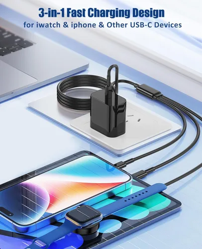 Miniatura 2 de Cargador para Apple Watch de carga rápida, cable de carga múltiple 3 en 1 con cargador USB C de 20 W, cable de carga iWatch de 6 pies para iWatch