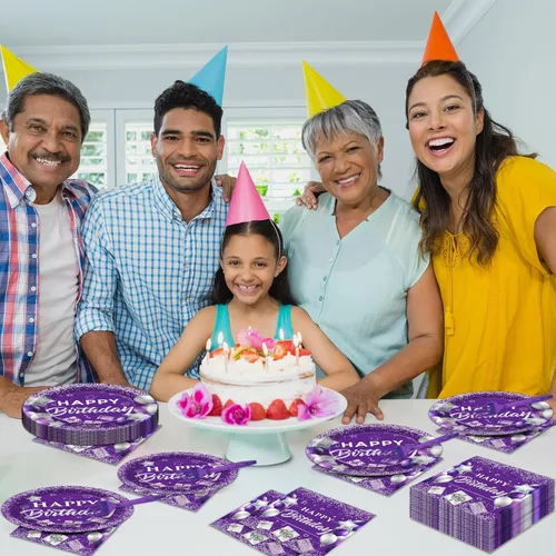 Miniatura 5 de 96 piezas de suministros para fiesta de cumpleaños morado, platos de papel, servilletas, juego de vajilla de feliz cumpleaños morado plateado, cena