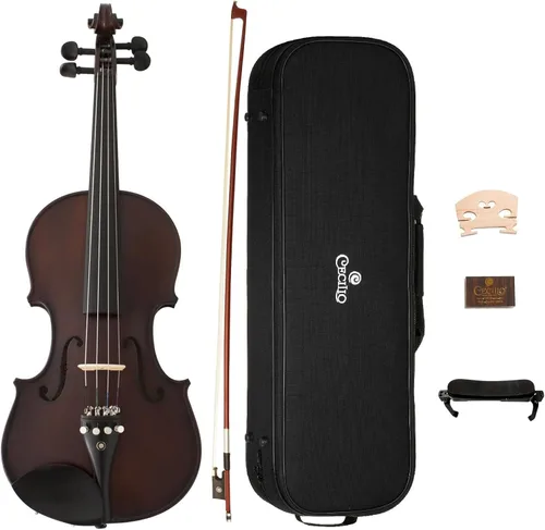 Cecilio Violín Tamaño Completo 4/4 - Abeto y Arce Macizo Tallado a Mano, Diapasón de Ébano, Estuche Oblongo Deluxe Duro y Arco Incluido, Set de