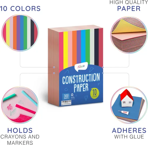 Miniatura 2 de Alitte Papel de construcción de colores surtidos (600 hojas, 9 x 12), papel para manualidades, 10 colores brillantes, paquete a granel de proyectos