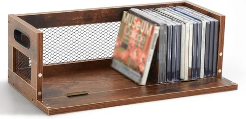 Jetec 1 Juego Caja de Almacenamiento de CD Retro Soporte Estante Estantes de Exhibición de Metal y Madera con Asas de Transporte, Estante