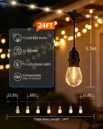Miniatura 2 de Tira de luces para exteriores con tubo iluminado de 24 pies, cadena de luces de grado comercial con 13 bombillas Edison S14 (12+1 de repuesto)