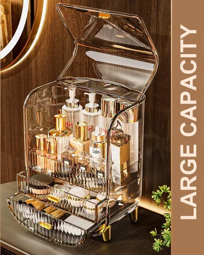 Miniatura 6 de Organizador de maquillaje, organizador de maquillaje de cosméticos de gran capacidad para tocador, a prueba de polvo, impermeable, vitrina