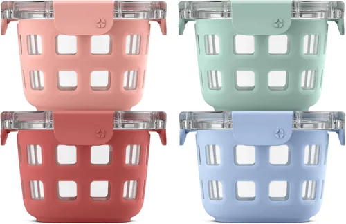 Ello Duraglass - Juegos de preparación de comidas de vidrio con recipientes de almacenamiento de alimentos a prueba de fugas con tapas de plástico
