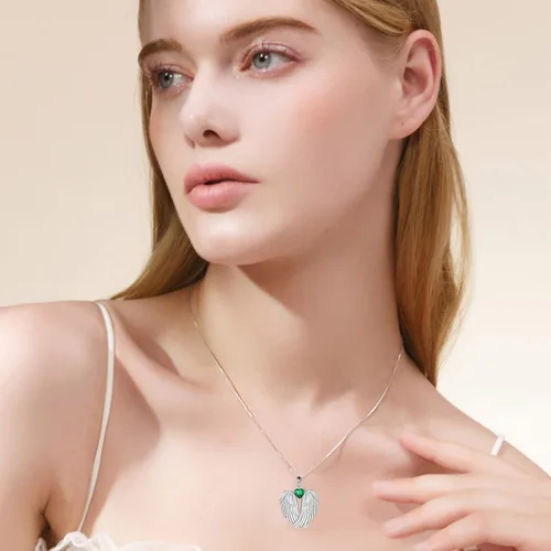 Miniatura 5 de YFN Collar de alas de ángel de plata de ley 925 con colgante de alas de ángel de la guarda, collar de piedra natal para mujeres y niñas, regalos