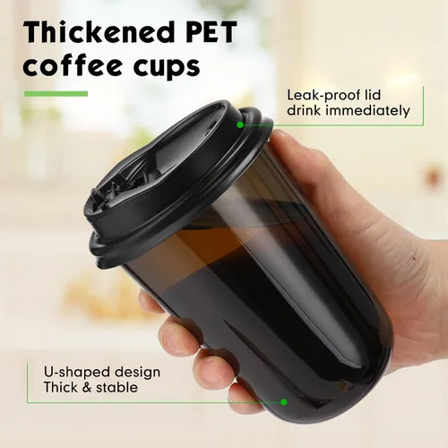 Miniatura 4 de Baderke Juego de 50 vasos de plástico negros con tapas, tazas de café helado con tapas, vasos de plástico desechables para bebidas frías, tapa