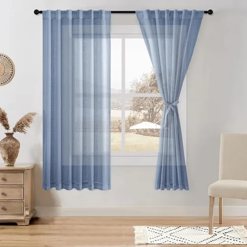 Miniatura 32 de DWCN Cortinas traslúcidas de lino floral, bolsillo para barra y pestaña trasera, cortina de mezcla de lino para dormitorio, sala de estar, cortinas