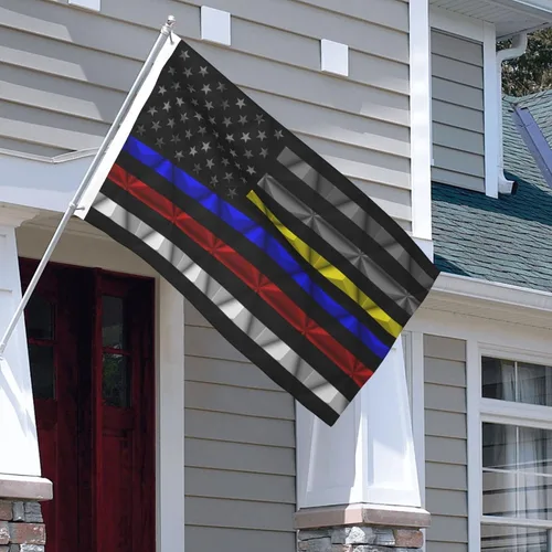 Miniatura 6 de Banderas de bandera de doble cara de Estados Unidos de línea fina roja-azul-amarillo de 3 x 5 pies, bandera de decoración al aire libre, bandera