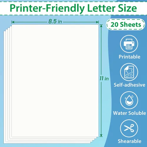 Miniatura 2 de NATURALABEL 20 piezas de papel soluble en agua de 8.5 x 11 pulgadas para bordar, estabilizador adhesivo imprimible y lavado, para coser a mano y a