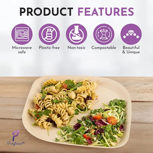 Miniatura 4 de Platos desechables de bambú marrón – Platos compostables de aperitivo de 8 pulgadas – Platos de postre de ensalada biodegradables resistentes