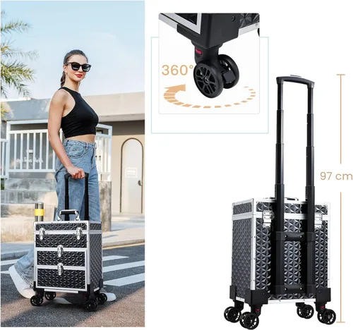 Miniatura 6 de FRENESSA Estuche Profesional Rodante para Maquillaje de Aluminio con Carrito de Tren y Ruedas para Organizador de Cosméticos de Viaje con Cajones