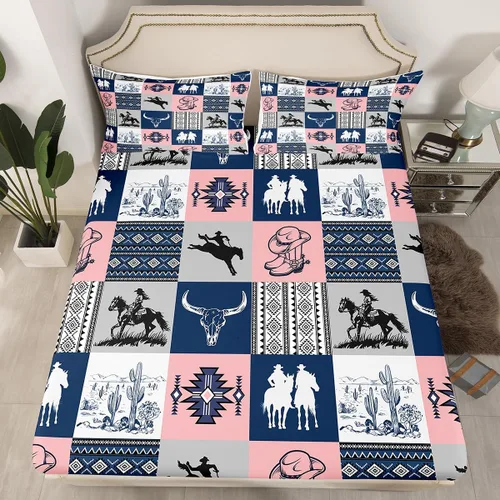 Miniatura 34 de Homewish Western Fitted Sheets Twin Size (No Flat),Retro Country Tribal Bedding Set 2Pcs,Kids Girls Boys Room Decor,Southwest Aztec Stripes Bed