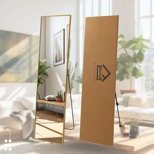 Miniatura 7 de Beauty4U Espejo de Cuerpo Completo de 59" x 16" de Alto con Soporte, Espejo de Cuerpo Completo Dorado para Montaje en Pared, Espejo Templado