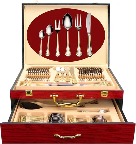 Miniatura 6 de Juego de cubiertos de lujo de 75 piezas para 12 con estuche de almacenamiento de madera, servicio de cubiertos de comedor de alta calidad, cubiertos