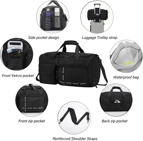 Miniatura 4 de MAXTOP Bolsa de gimnasio grande para hombres y mujeres con compartimento para zapatos, separación húmeda y seca, bolsa de lona negra para viajes