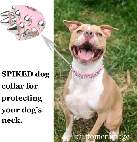 Miniatura 4 de TEEMERRYCA Collares de cuero ajustables con pinchos y tachuelas para perros con una bola chirriante de regalo para mascotas pequeñas, medianas y Rosa