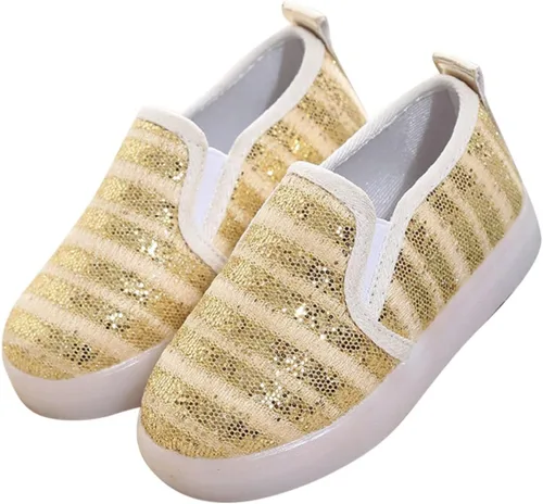 Miniatura 3 de POLG Mocasines con lentejuelas iluminadas para niña, con luces LED, zapatos de lona casuales planos (bebéniño pequeño) (dorado, 5.5 años)