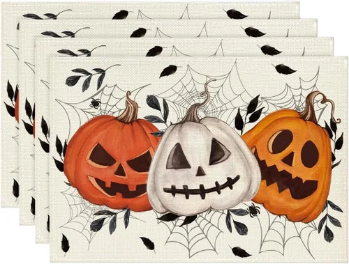 Artoid Mode Juego de 4 manteles individuales de tela de araña de calabazas de Halloween, 12 x 18 pulgadas, manteles individuales de otoño para