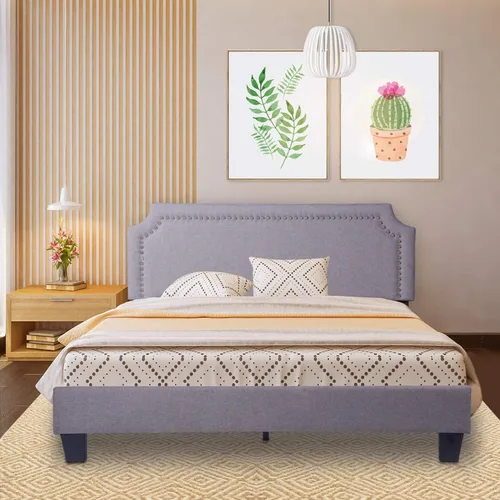 Miniatura 12 de LUCKYERMORE Marco de cama de plataforma tamaño Queen, marco de cama Queen tapizado de 11 pulgadas con cabecero de listones de madera, marco de metal