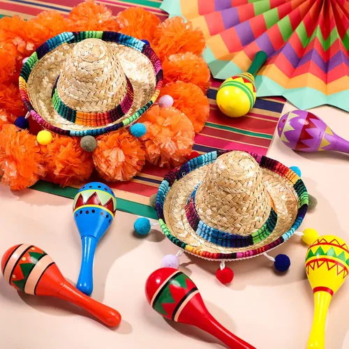 Miniatura 4 de Honoson 12 piezas de maracas de madera para fiesta, 6 mini sombreros de Cinco de Mayo, sombrero mexicano de copa para decoración de fiesta