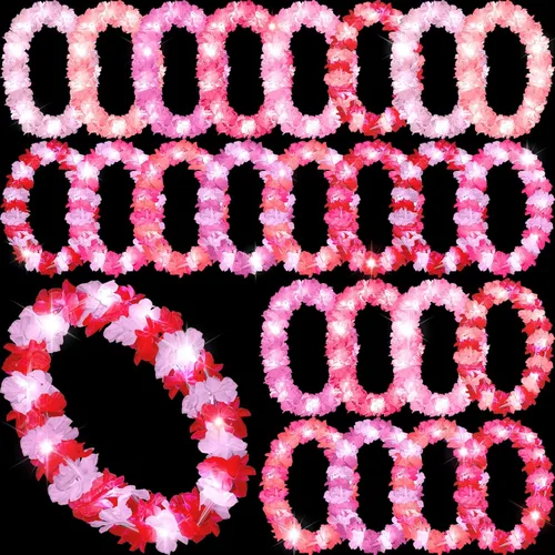 Miniatura 16 de Sherr 24 piezas Collares de leis LED iluminados, collares de flores hawaianas con luces LED para bodas, playa, tropical, carnaval, suministros