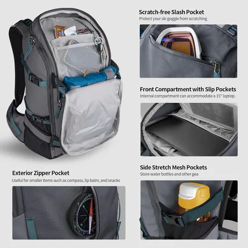 Miniatura 3 de Unigear Mochila de hidratación de esquí, bolsa de viaje de snowboard de 30 l, mochila resistente al agua de poliéster 900D para esquí, senderismo